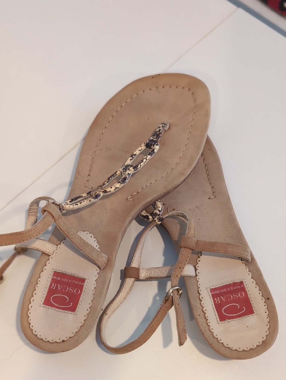 Oscar de la Renta Tan and Snakeskin-Accent T-Strap Sandals